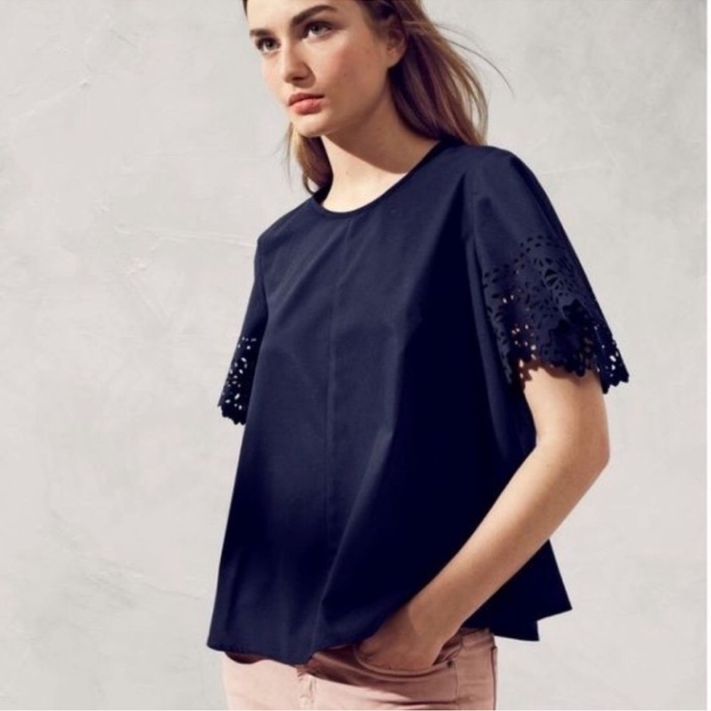 J. Crew | Laser Cut Flutter Sleeve Swing Top in Navy